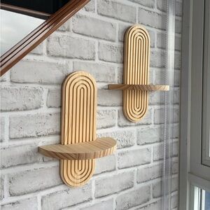 NEW Set of 2 Wooden Arch Boho Floating Wall Shelf - Natural Pine Accent Shelf